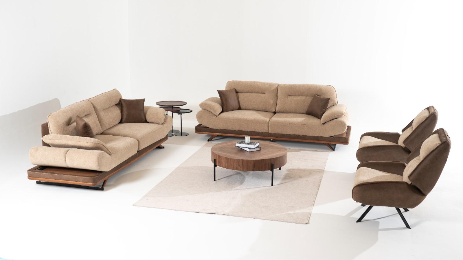 Luxuria Living Bosphorus Collection modern luxury sofa and armchair set in beige and brown upholstery