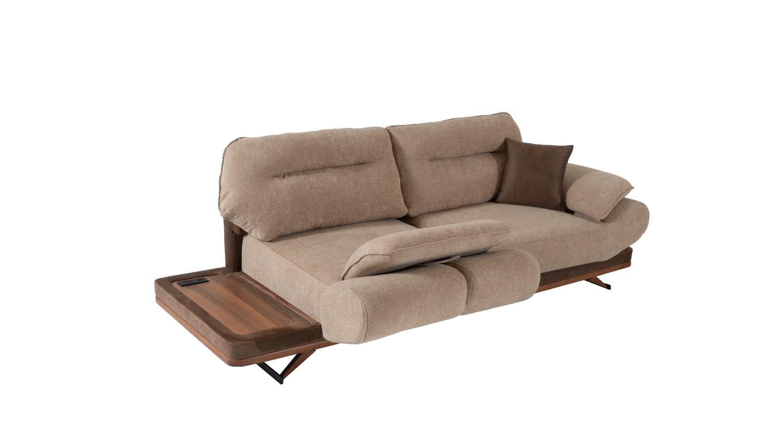 Bosphorus Tech Lounge sofa with integrated wooden side tray and beige upholstery